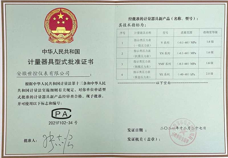 計(jì)量器具型式批準(zhǔn)證書